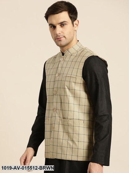 Men's Cotton Blend Light Brown & Black Checked Nehru Jacket