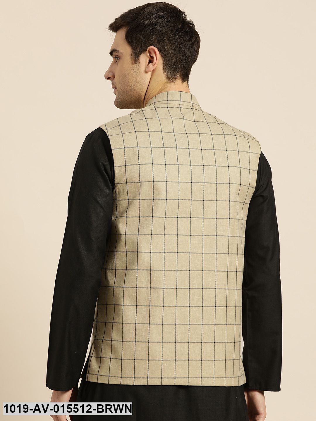 Men's Cotton Blend Light Brown & Black Checked Nehru Jacket