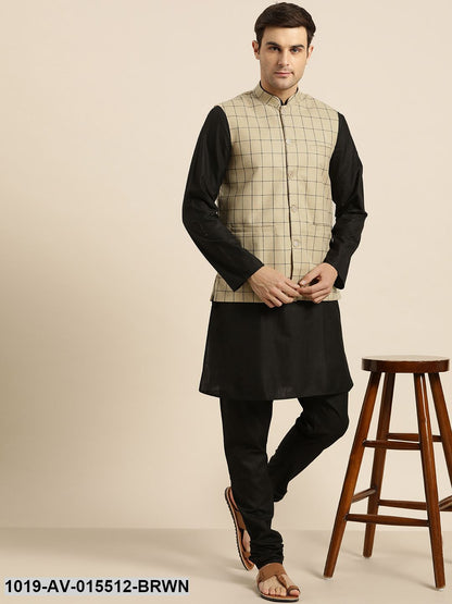 Men's Cotton Blend Light Brown & Black Checked Nehru Jacket