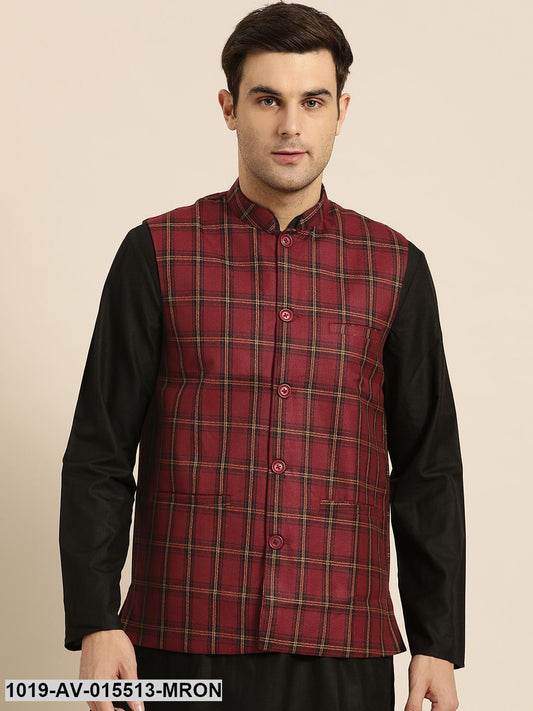 Men's Cotton Blend Maroon & Black Checked Nehru Jacket