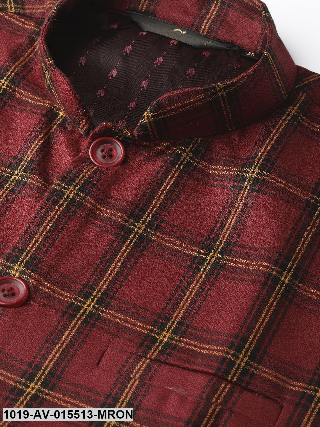 Men's Cotton Blend Maroon & Black Checked Nehru Jacket