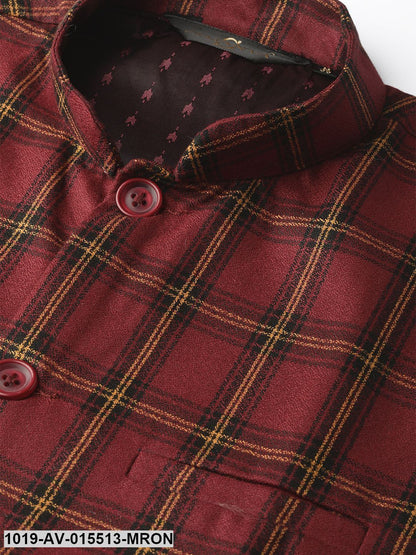 Men's Cotton Blend Maroon & Black Checked Nehru Jacket