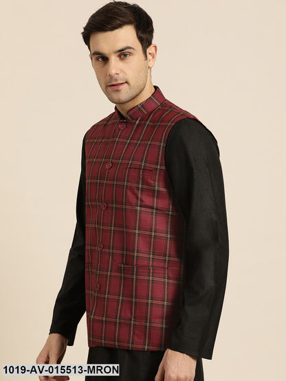 Men's Cotton Blend Maroon & Black Checked Nehru Jacket