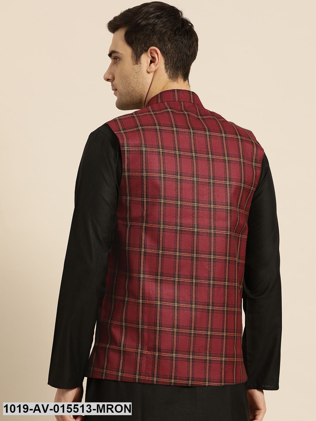 Men's Cotton Blend Maroon & Black Checked Nehru Jacket