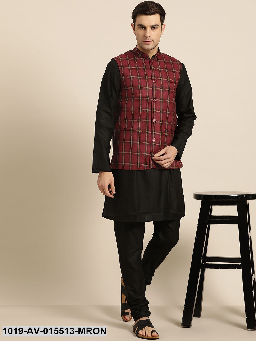 Men's Cotton Blend Maroon & Black Checked Nehru Jacket