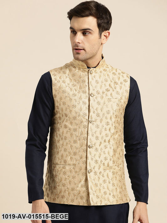 Men's Silk Blend Beige & Gold Embroidered Nehru Jacket