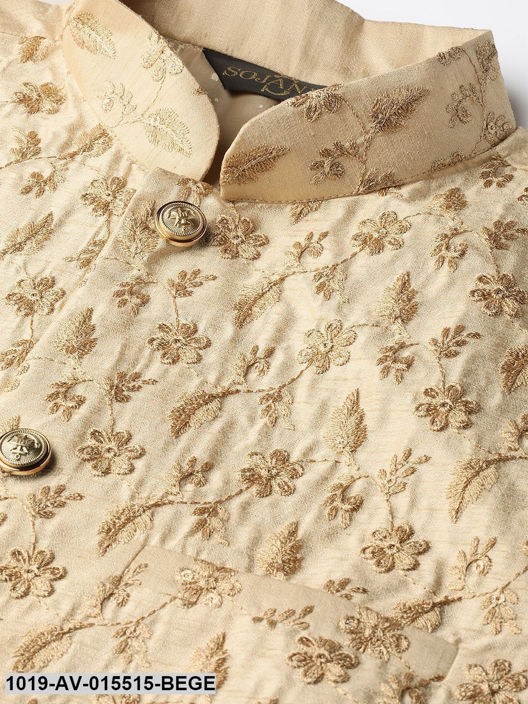 Men's Silk Blend Beige & Gold Embroidered Nehru Jacket