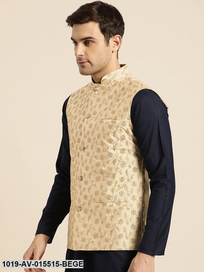 Men's Silk Blend Beige & Gold Embroidered Nehru Jacket