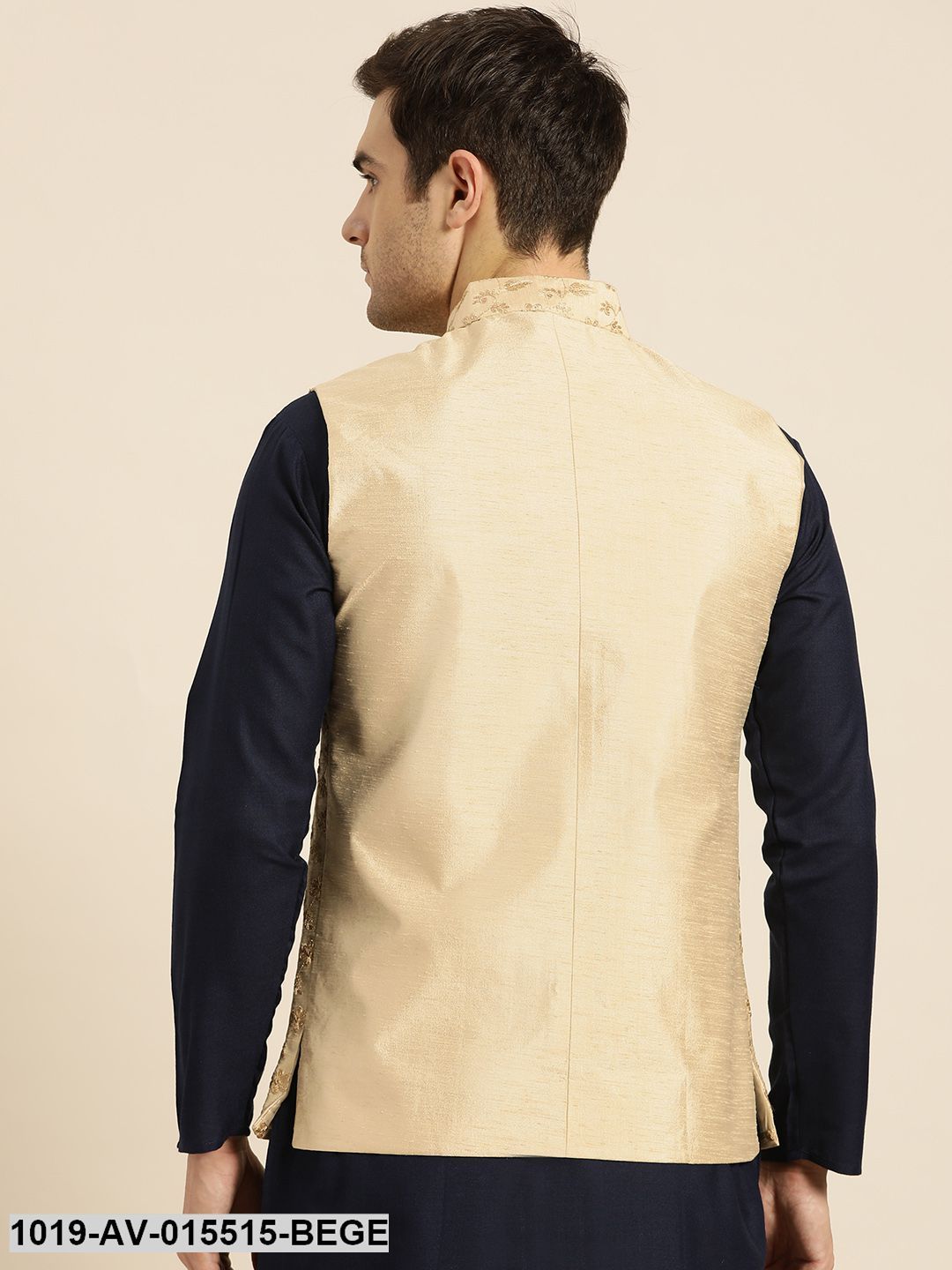 Men's Silk Blend Beige & Gold Embroidered Nehru Jacket