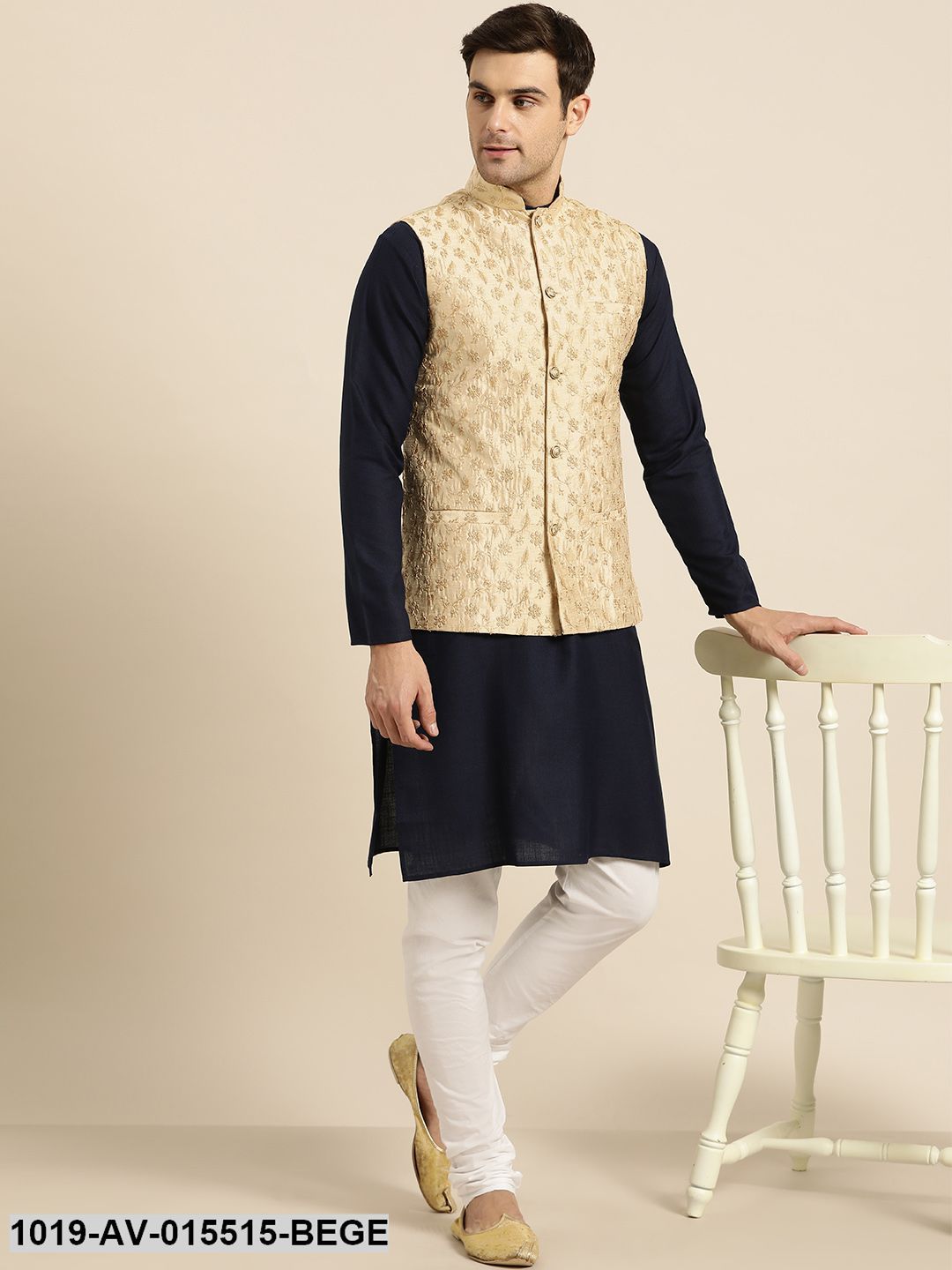 Men's Silk Blend Beige & Gold Embroidered Nehru Jacket