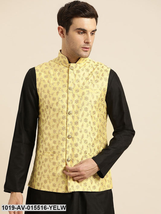 Men's Silk Blend Lemon Yellow & Gold Embroidered Nehru Jacket