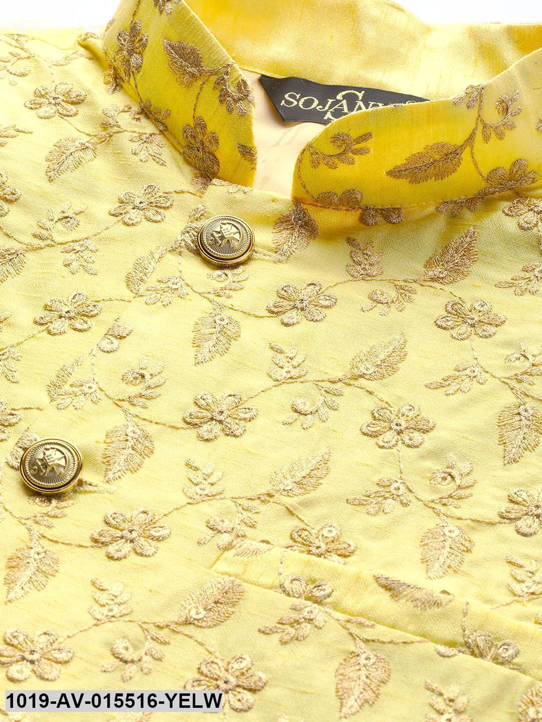 Men's Silk Blend Lemon Yellow & Gold Embroidered Nehru Jacket