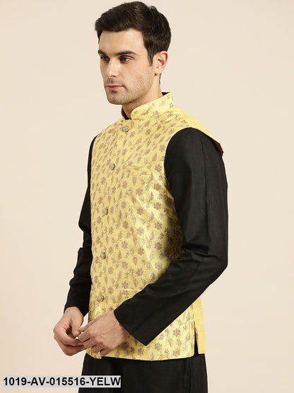 Men's Silk Blend Lemon Yellow & Gold Embroidered Nehru Jacket