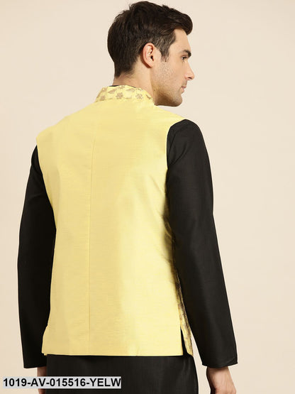 Men's Silk Blend Lemon Yellow & Gold Embroidered Nehru Jacket