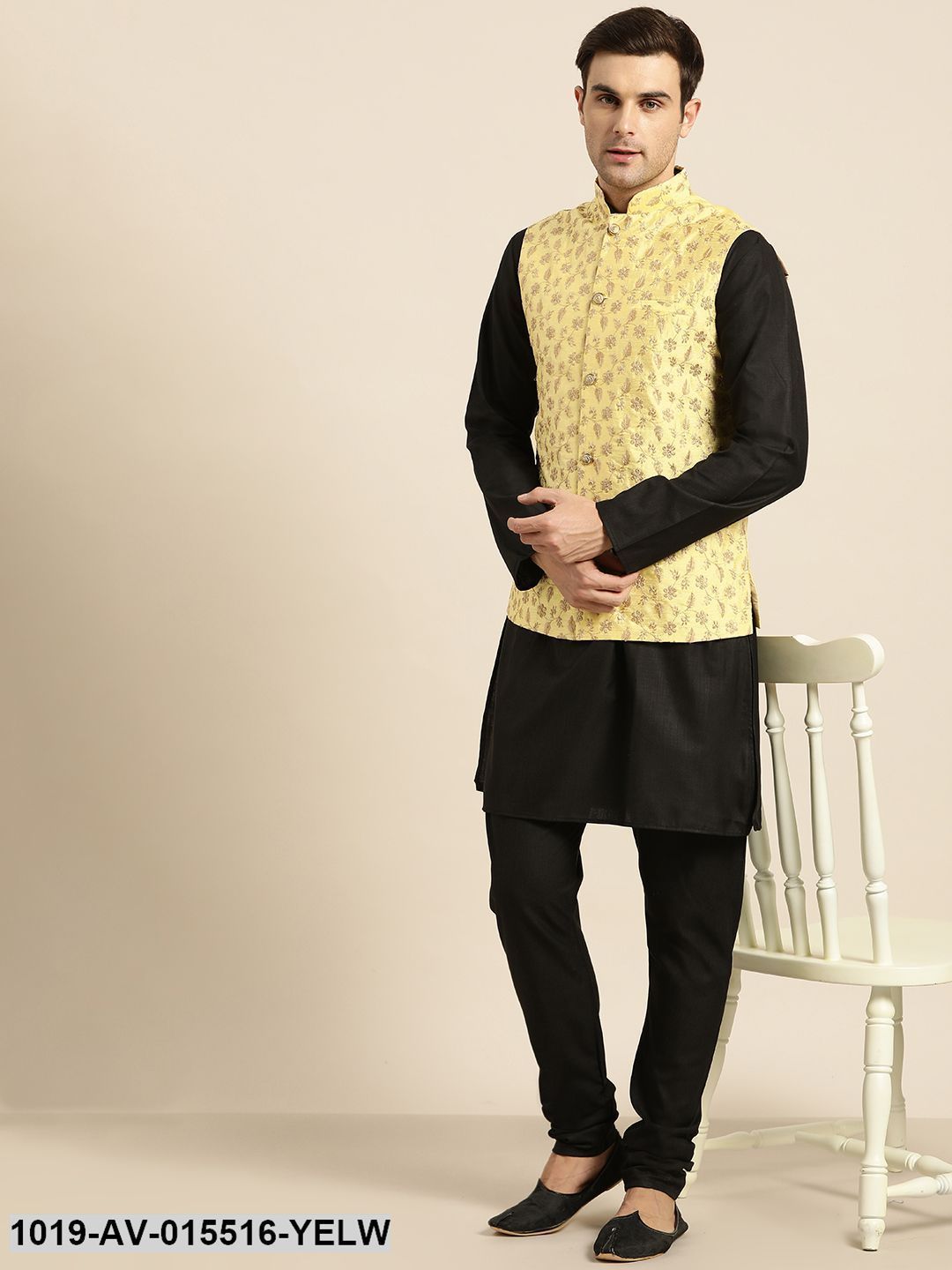 Men's Silk Blend Lemon Yellow & Gold Embroidered Nehru Jacket