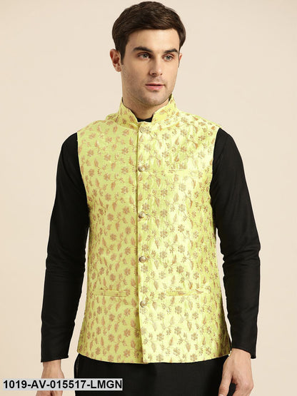 Men's Silk Blend Lime Green & Gold Embroidered Nehru Jacket