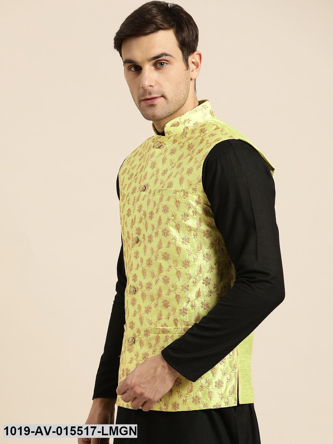 Men's Silk Blend Lime Green & Gold Embroidered Nehru Jacket