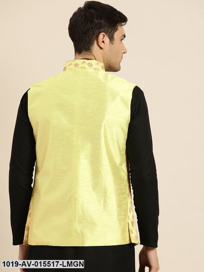 Men's Silk Blend Lime Green & Gold Embroidered Nehru Jacket