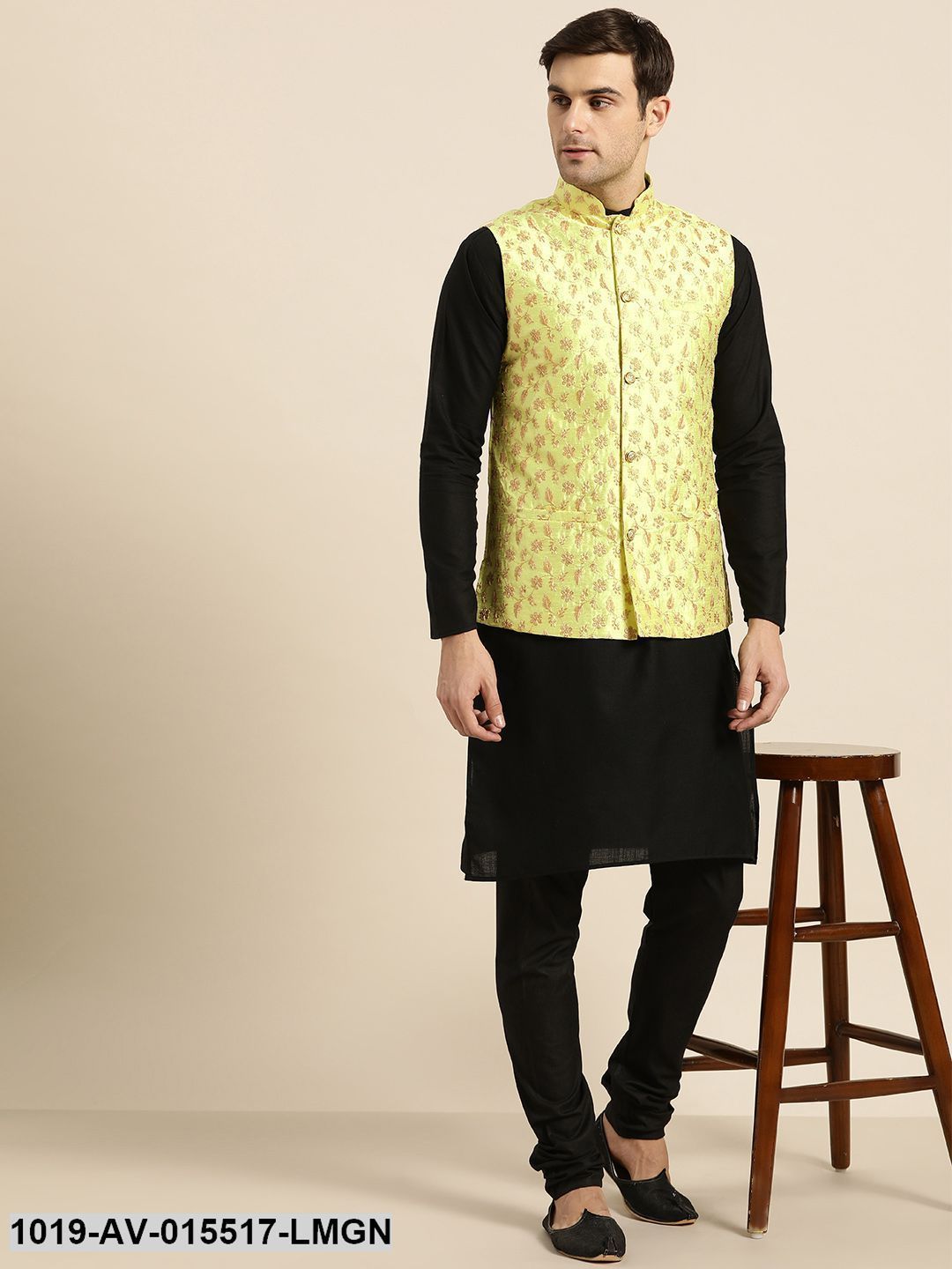 Men's Silk Blend Lime Green & Gold Embroidered Nehru Jacket