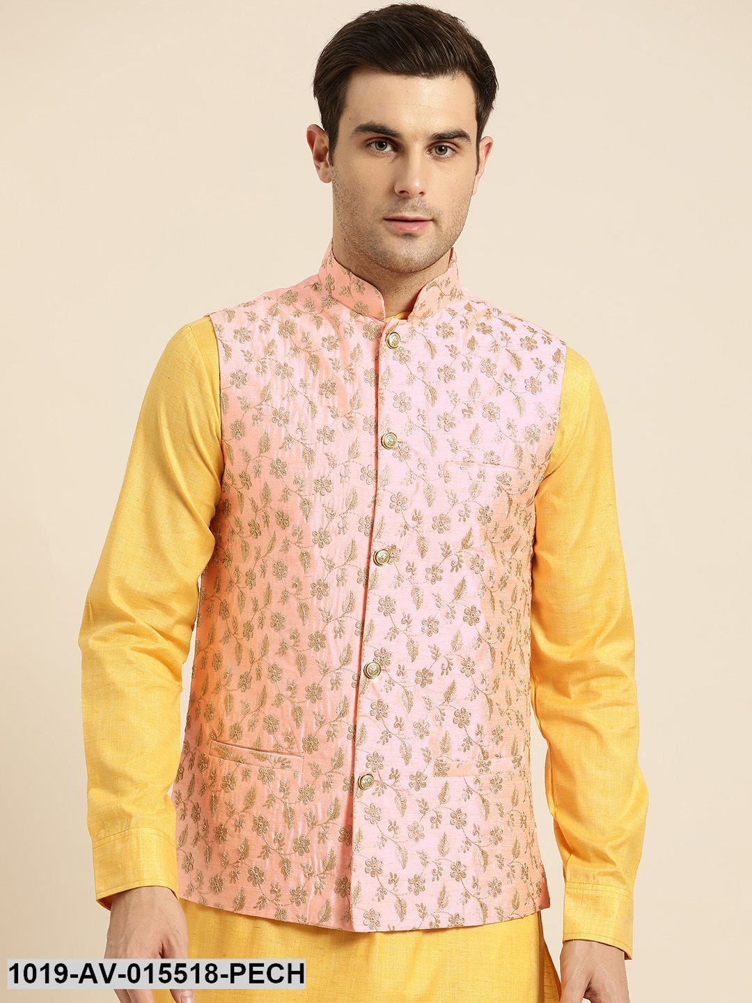 Men's Silk Blend Peach & Gold Embroidered Nehru Jacket