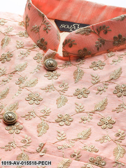 Men's Silk Blend Peach & Gold Embroidered Nehru Jacket