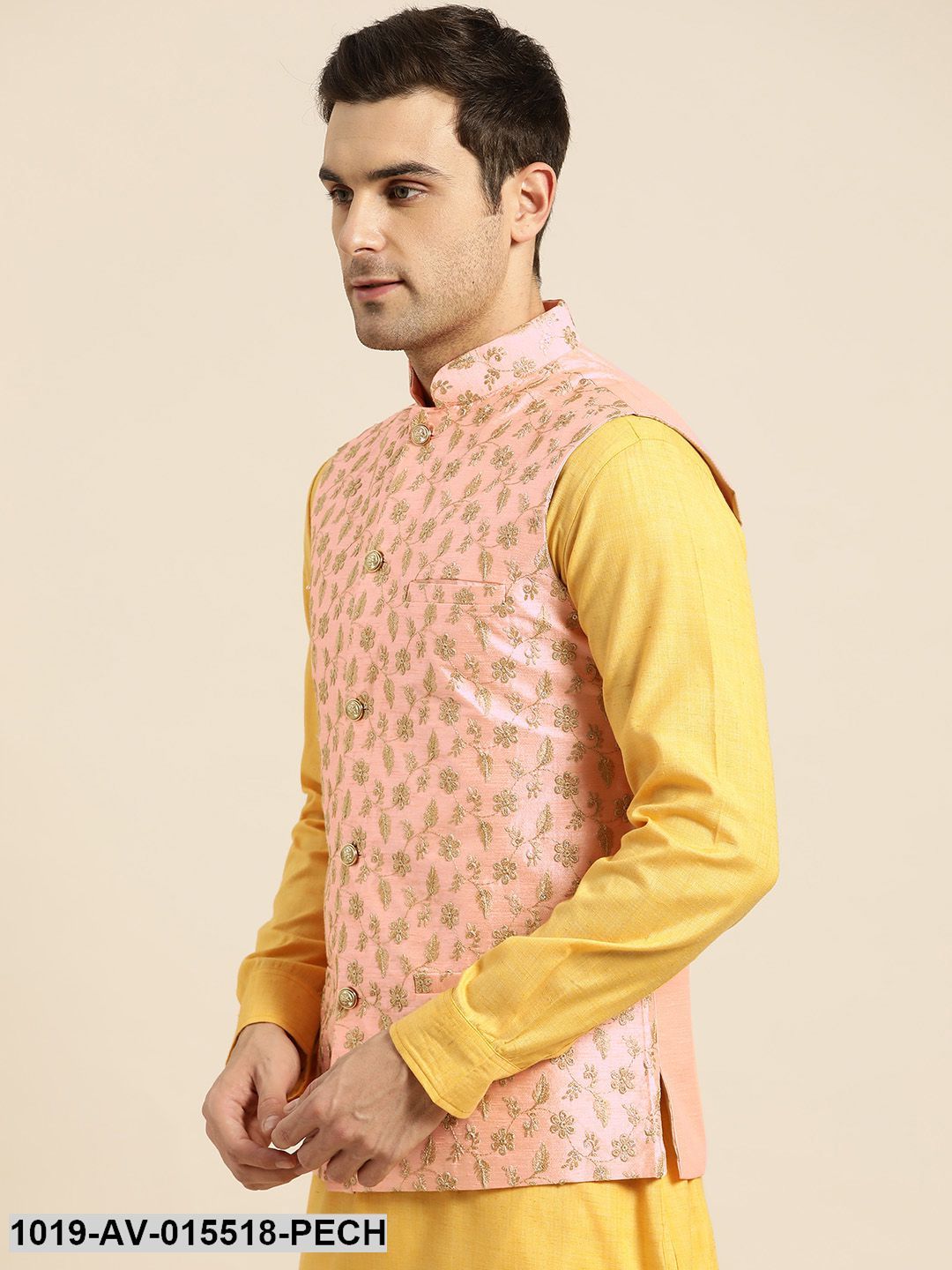 Men's Silk Blend Peach & Gold Embroidered Nehru Jacket