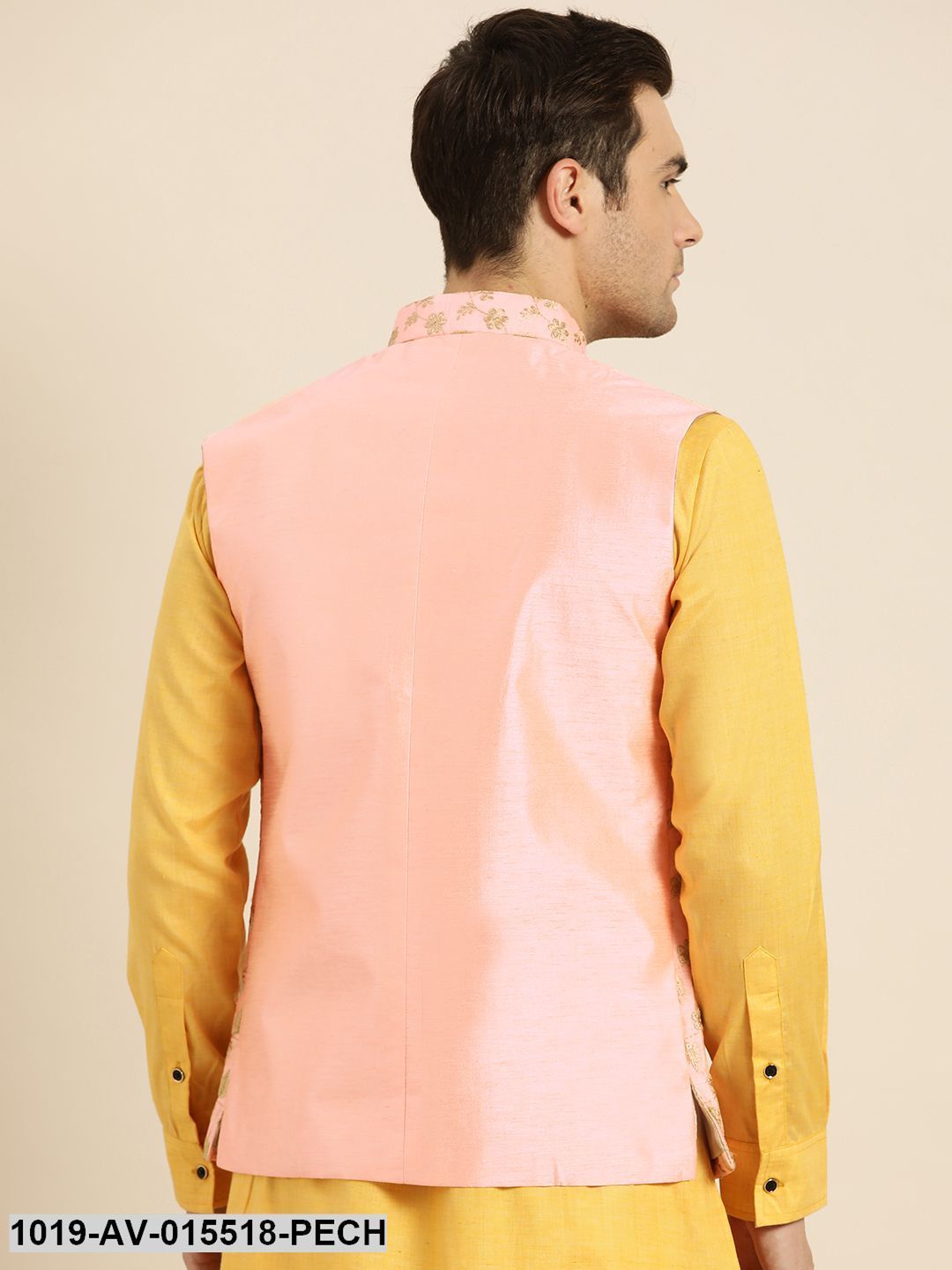 Men's Silk Blend Peach & Gold Embroidered Nehru Jacket