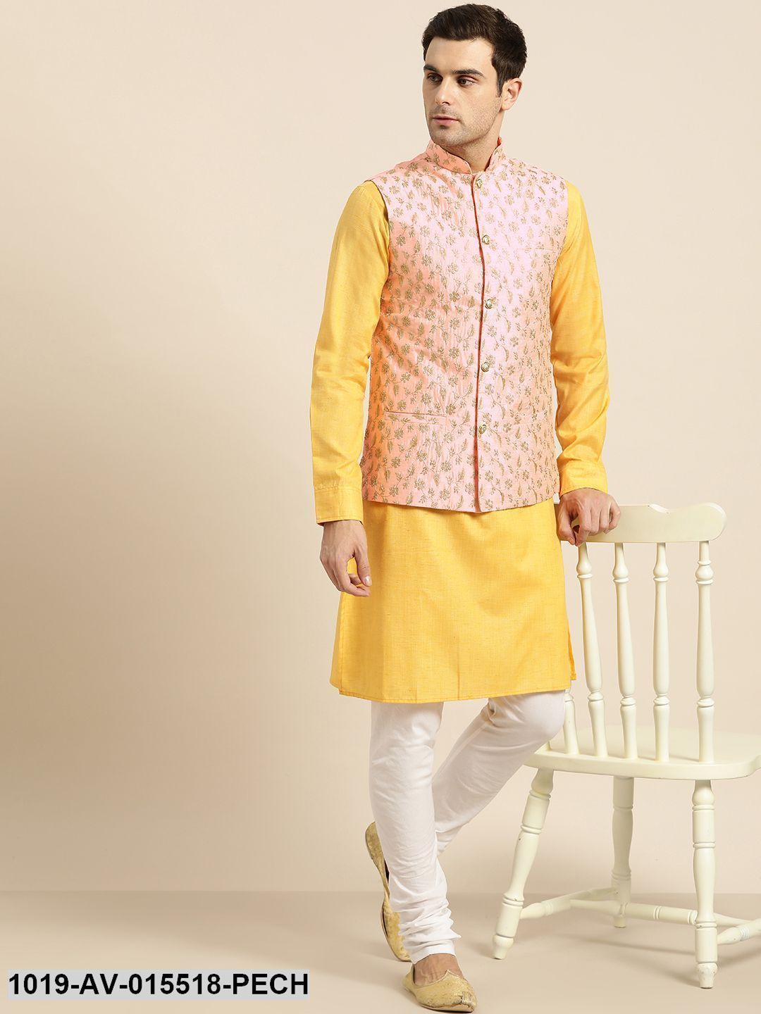 Men's Silk Blend Peach & Gold Embroidered Nehru Jacket