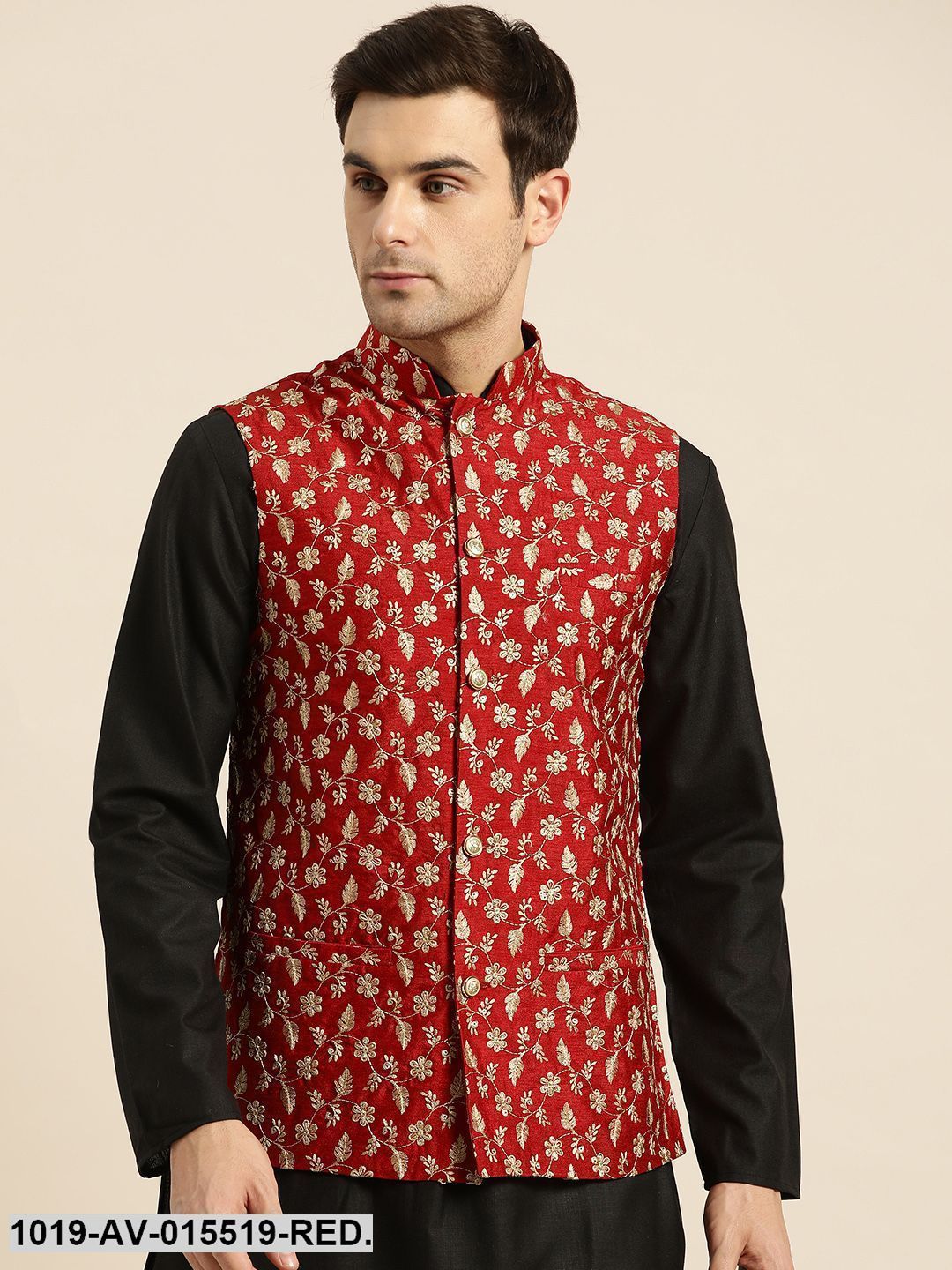 Men's Silk Blend Red & Gold Embroidered Nehru Jacket