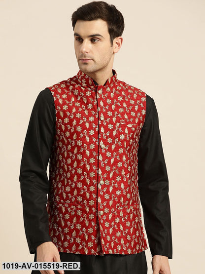 Men's Silk Blend Red & Gold Embroidered Nehru Jacket