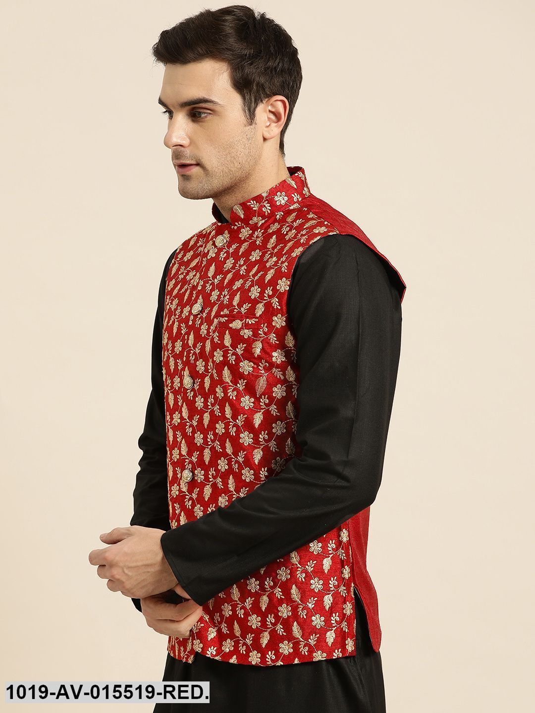 Men's Silk Blend Red & Gold Embroidered Nehru Jacket