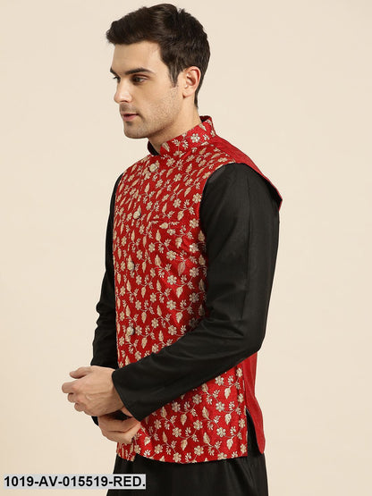 Men's Silk Blend Red & Gold Embroidered Nehru Jacket