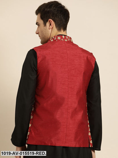 Men's Silk Blend Red & Gold Embroidered Nehru Jacket