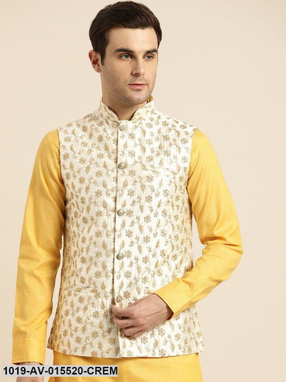 Men's Silk Blend Cream & Gold Embroidered Nehru Jacket