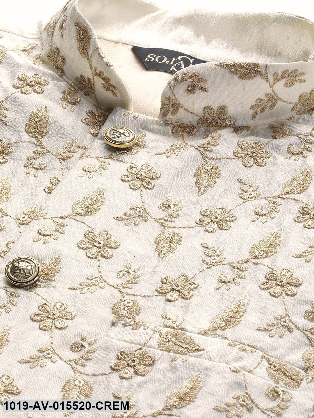 Men's Silk Blend Cream & Gold Embroidered Nehru Jacket