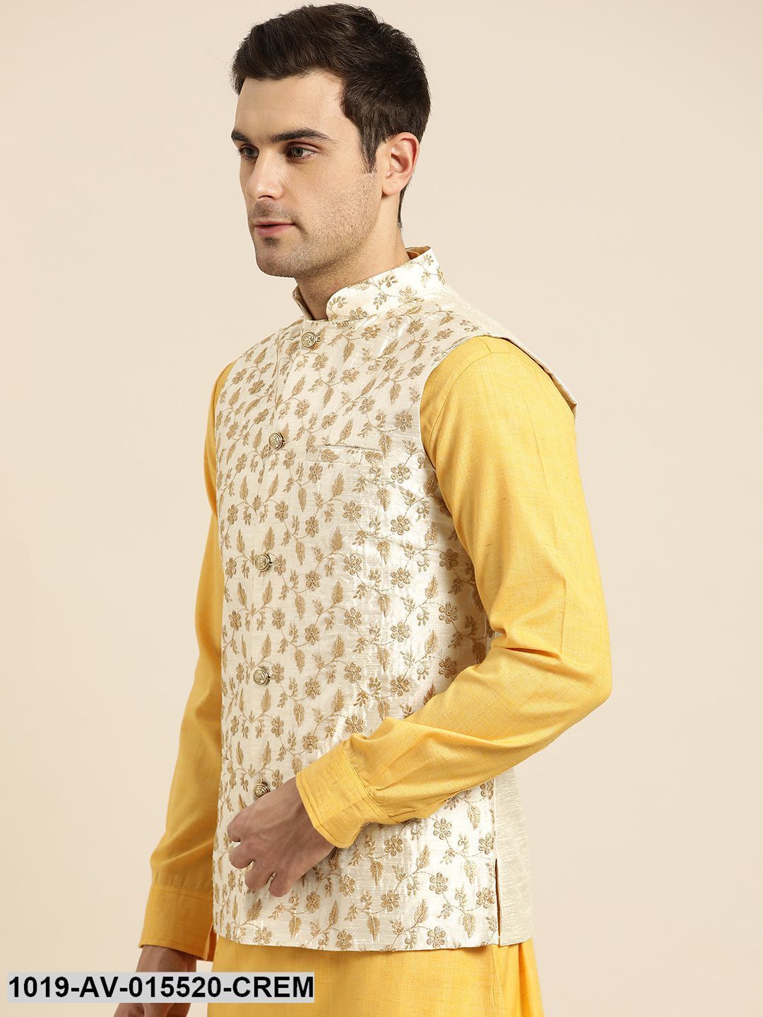 Men's Silk Blend Cream & Gold Embroidered Nehru Jacket