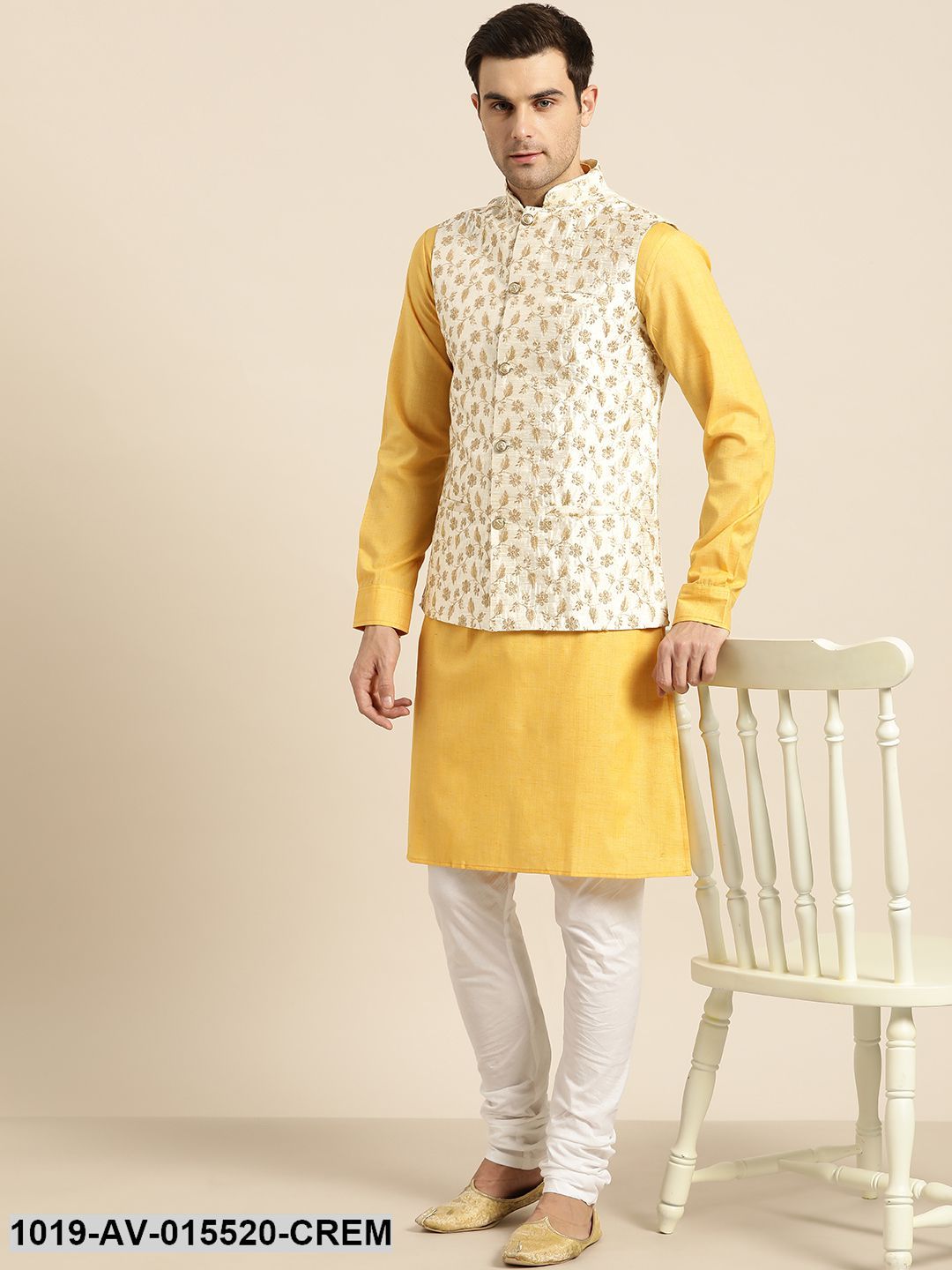 Men's Silk Blend Cream & Gold Embroidered Nehru Jacket