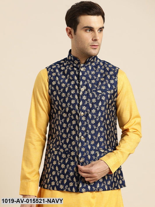 Men's Silk Blend Navy Blue & Gold Embroidered Nehru Jacket