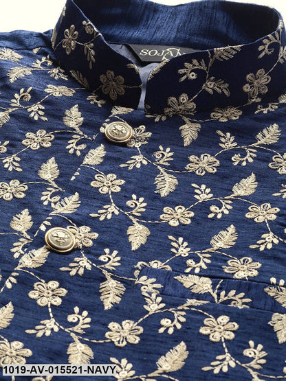 Men's Silk Blend Navy Blue & Gold Embroidered Nehru Jacket