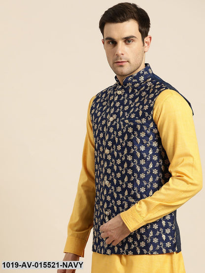 Men's Silk Blend Navy Blue & Gold Embroidered Nehru Jacket