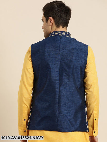 Men's Silk Blend Navy Blue & Gold Embroidered Nehru Jacket