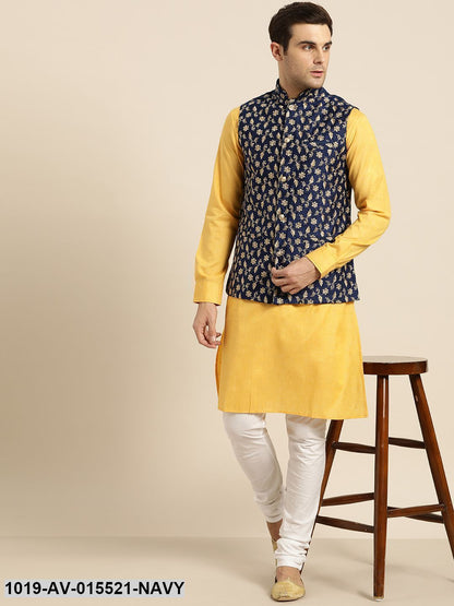 Men's Silk Blend Navy Blue & Gold Embroidered Nehru Jacket