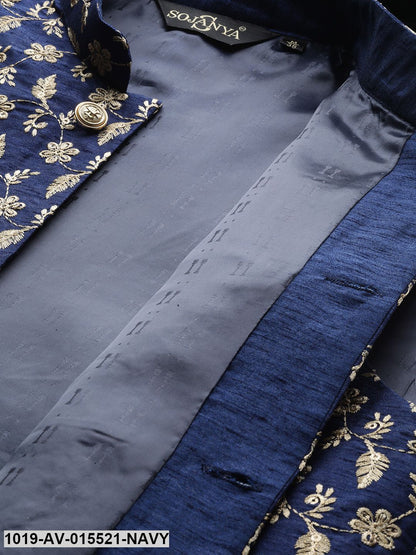 Men's Silk Blend Navy Blue & Gold Embroidered Nehru Jacket