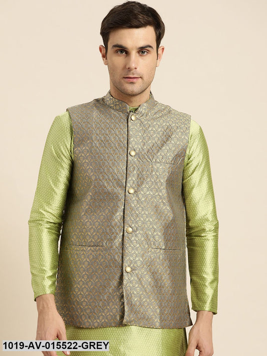 Men's Silk Blend Grey & Gold Self Design Nehru Jacket