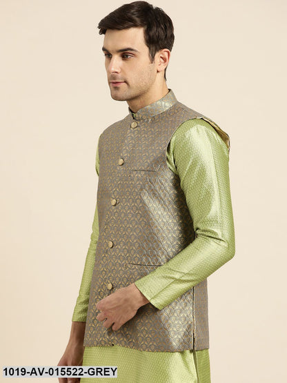 Men's Silk Blend Grey & Gold Self Design Nehru Jacket