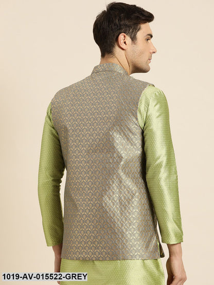 Men's Silk Blend Grey & Gold Self Design Nehru Jacket