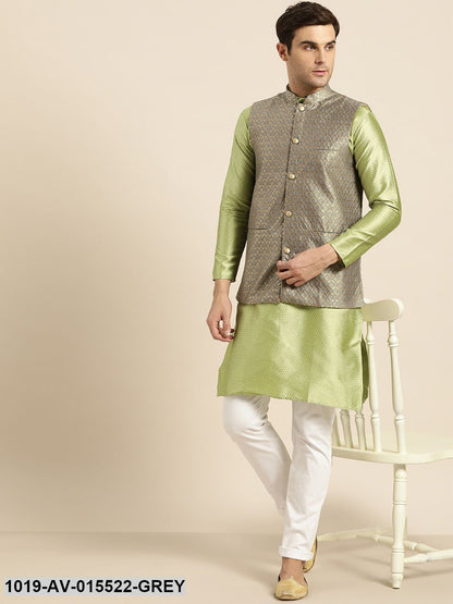 Men's Silk Blend Grey & Gold Self Design Nehru Jacket