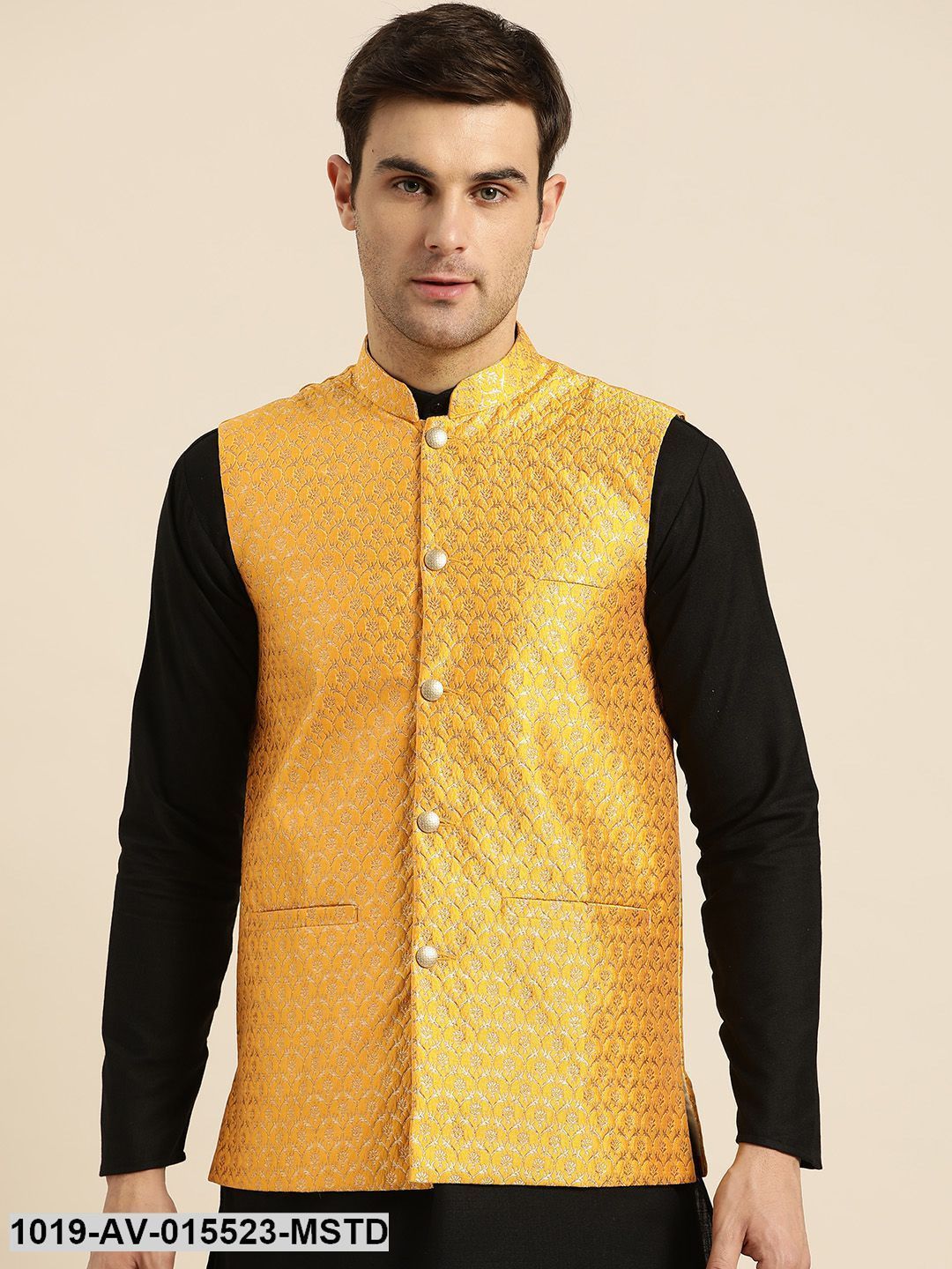 Men's Silk Blend Mustard & Gold Self Design Nehru Jacket