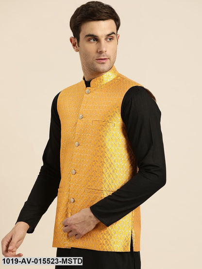 Men's Silk Blend Mustard & Gold Self Design Nehru Jacket