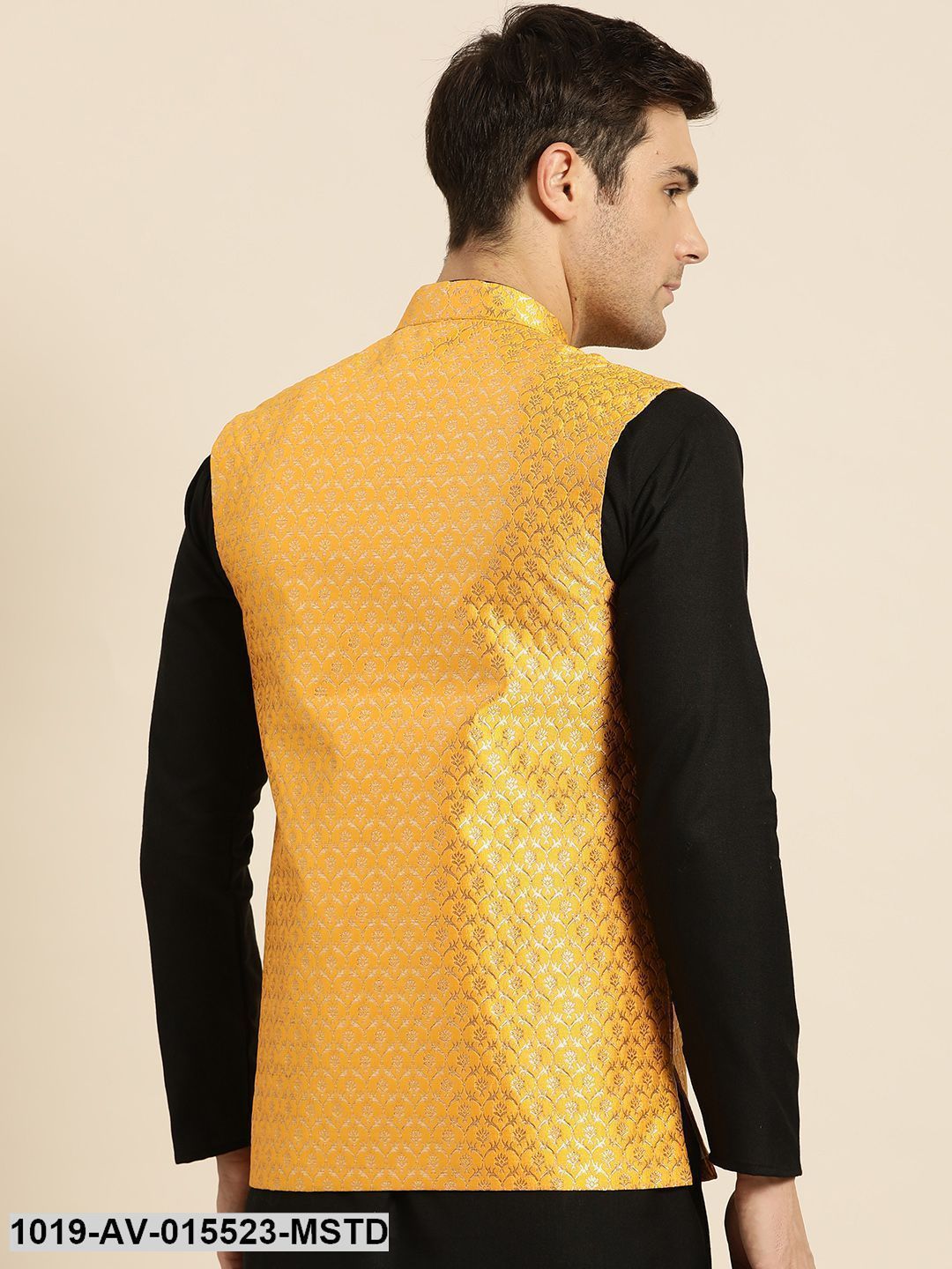 Men's Silk Blend Mustard & Gold Self Design Nehru Jacket